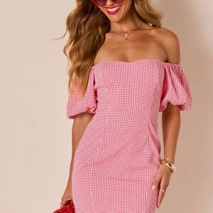 Vici Pink Gingham Off-Shoulder Mini Dress